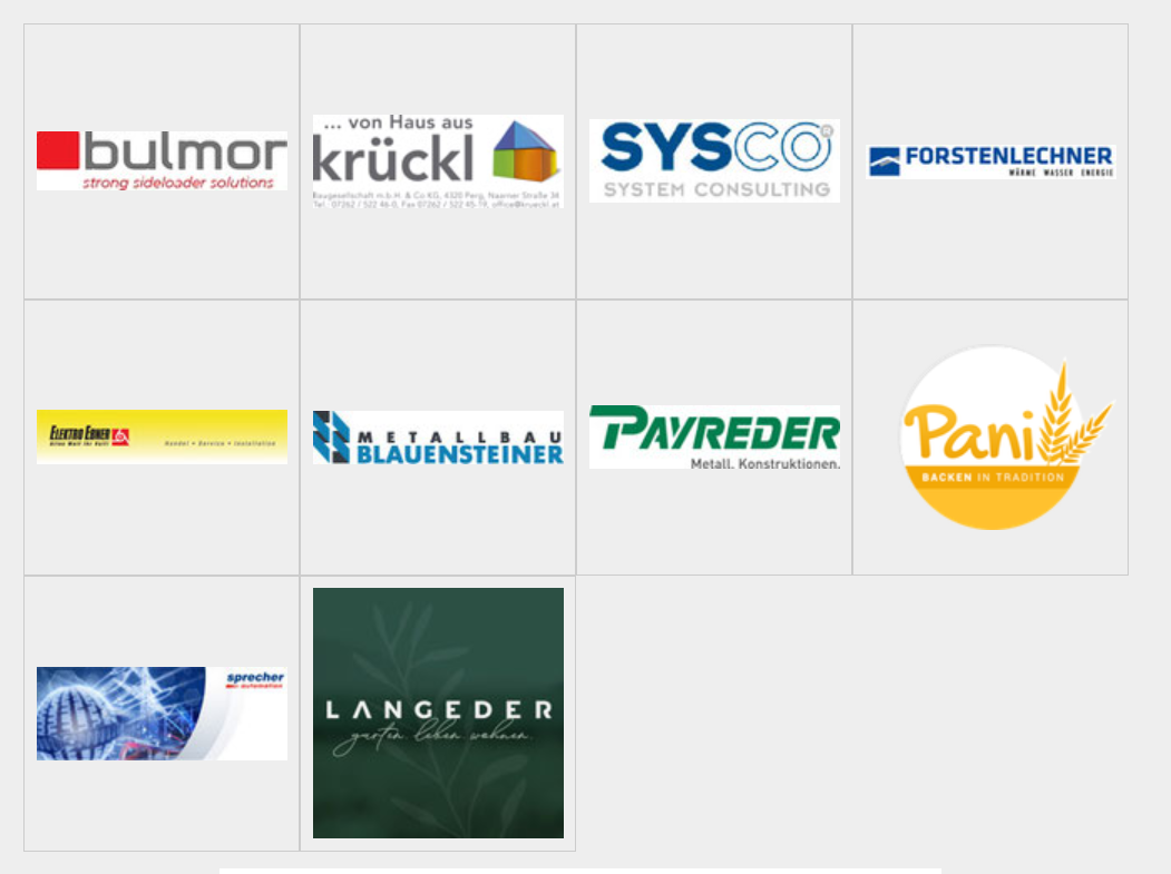 Logos unserer Partnerbetriebe: bulmor, krückl, SYSCO System Consulting, Forstenlechner, Elektro Ebner, Metallbau Blauensteiner, Payreder, Pani, Sprecher Automation, Langeder